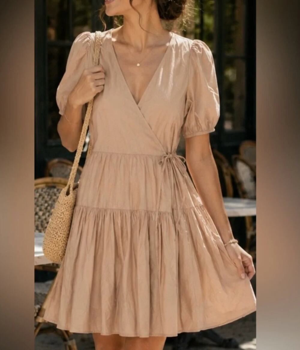 J.Crew Women Warm Clay Boho Puff-Sleeve Cotton Poplin Tiered Wrap Dress NWT S